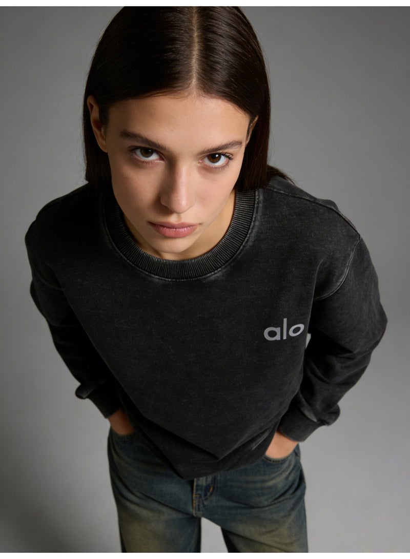 Alo Yoga Alo Washed Black Crewneck Sweatshirt - Unisex Oversized Fit, Soft Breathable Cotton Fabric, Minimalist  Logo, Popular Youth Sport  Casual Top (Saudi) - Image 2